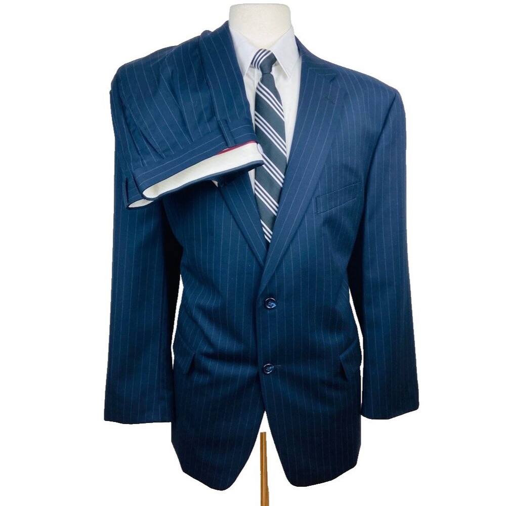 JONES NEW YORK MENS 46R NAVY STRIPE 100% WOOL 2 PIECE SUIT W/ DRESS PANTS 41X30